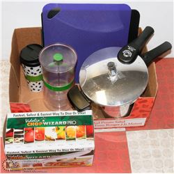 BOX OF KITCHEN ITEMS INCL CHOP WIZARD, PRESSURE