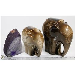 2 CERAMIC ELEPHANTS, POLISHED PURPLE GEODE.