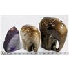 Image 1 : 2 CERAMIC ELEPHANTS, POLISHED PURPLE GEODE.
