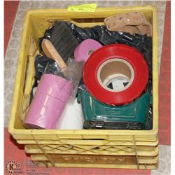 TOTE OF SHOP SUPPLIES INCL GARBAGE BAGS AND MORE.