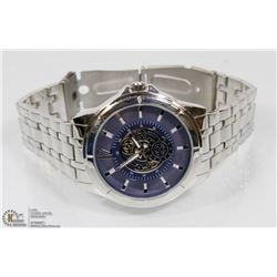 NEW STAINLESS WATCH WITH BLUE GEAR FACE AND NEW
