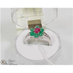 #83- RED RUBY, EMERALD &CZ  GEMSTONE RING