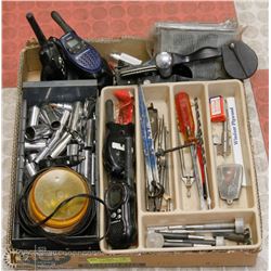 FLAT OF ASSORTED TOOLS & SHOP SUPPLIES INCL DRILL