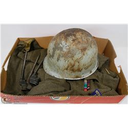 FLAT OF VINTAGE MILITARY ITEMS INCL BAYONETS, COAT