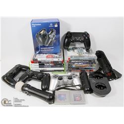 BLUE TOTE WITH ASSORTED GAMES AND CONTROLLERS