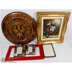 LOT OF DECORATIVE WALL HANGINGS INCL WOOD ROUND