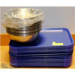 LOT WITH STACK OF BLUE TRAYS AND STAINLESS STEEL
