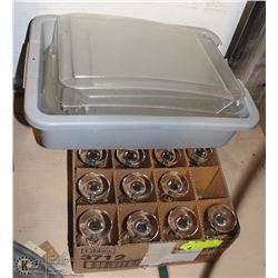 14- 5OZ WINE GLASSES AND BUS BIN/W ASSORTED LIDS