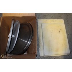 LOT OF 3 CUTTING BOARDS, LARGE METAL LIDS AND