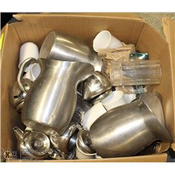 LARGE BOX OF TEA POTS, COFFEE CUPS, WATER PITCHERS