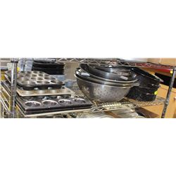 SHELF CONTAINING MUFFIN TRAYS, ROASTERS AND MIXING