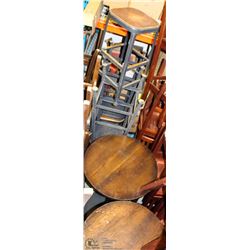 2 BAR TABLES AND 5 METAL BAR STOOLS