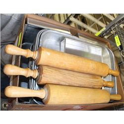 BOX OF ROLLING PINS AND ROASTING PANS
