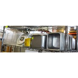 SHELF OF ASSORTED INSERTS AND KITCHEN SCALES