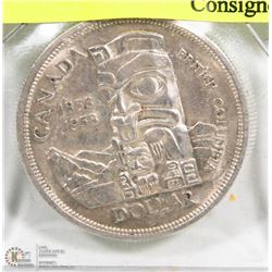 1858-1958 CANADIAN BC SILVER DOLLAR COIN.