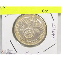 1939 GERMAN NAZI WWII 5 MARK COIN.