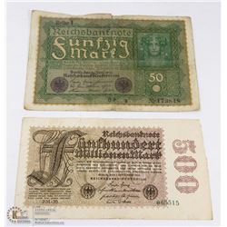 2 GERMAN WWI BANKNOTES - 50 MARK 1919 & 500 MARK