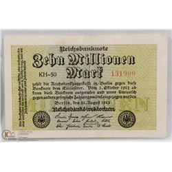 UNC GERMAN 1923 WWI 10 MILLION MARK BANK NOTE.