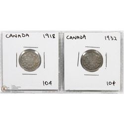 1918 & 1932 CANADIAN 10 CENTS COINS.
