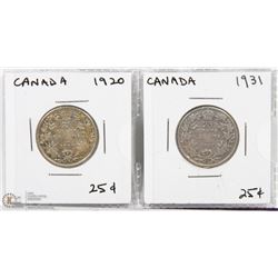 1920 & 1931 CANADIAN 25 CENTS COINS.
