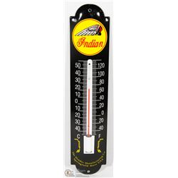 PORCELAIN-ENAMEL INDIAN MOTORCYCLE THERMOMETER.