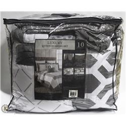 LUXURY QUEEN BEDDING SET,10PC SET,GREY & WHITE