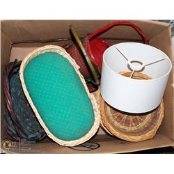 BOX OF BASKETS AND LAMP SHADES