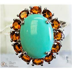 1) STERLING SILVER TURQUOISE & GARNET RING