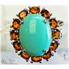Image 1 : 1) STERLING SILVER TURQUOISE & GARNET RING