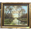 Image 1 : FRAMED SIGNED PAINTING ON LINEN- RIVER SCENE.