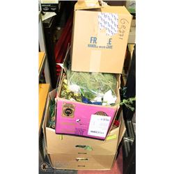 4 BOXES OF SILK FLOWERS AND DECOR.