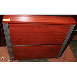 RED WOOD TONE COLOR 2 DRAWER FILING CABINET.