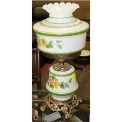 VINTAGE MILK GLASS LAMP WITH GREEN TRIM FLORAL