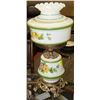 Image 1 : VINTAGE MILK GLASS LAMP WITH GREEN TRIM FLORAL