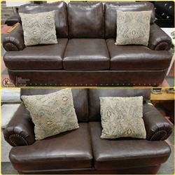 NEW BROWN NAILHEAD LEATHERETTE SOFA  AND LOVESEAT