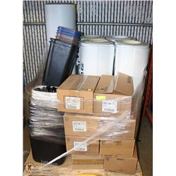 PALLET OF WATER DISPENSERS, GARBAGE CANS AND