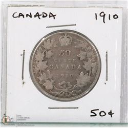 1910 CANADIAN 50 CENTS COIN.