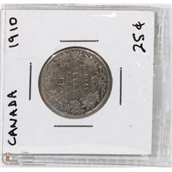 1910 CANADIAN 25 CENTS COIN.