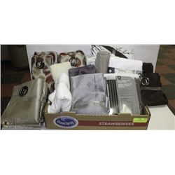 FLAT OF REWRAPPED NEW LINENS INCL CURTAINS, TOWELS