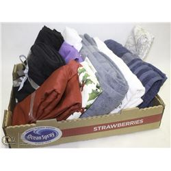 FLAT OF REWRAPPED NEW LINENS INCL CURTAINS, TOWELS