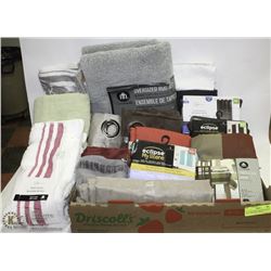 FLAT OF REWRAPPED NEW LINENS INCL CURTAINS, TOWELS