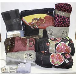 FLAT OF REWRAPPED NEW LINENS INCL CURTAINS, TOWELS