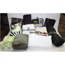 FLAT OF REWRAPPED NEW LINENS INCL CURTAINS, TOWELS