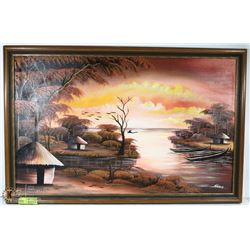 OIL ON CANVAS HANDPAINTED SUNSET FRAMED 22X35.