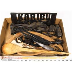 FLAT OF HAND CARVED AFRICAN DECOR, WOOD SPOONS,