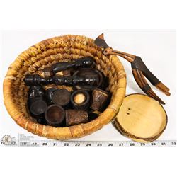 HANDWOVEN AFRICAN BASKET WITH CARVED WOOD SALT &