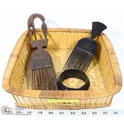 HAND WOVEN SQUARE BASKET WITH HAND CARVED HAIR