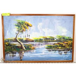 OIL ON CANVAS FRAMED PICTURE OF OCEAN COVE 17X24.