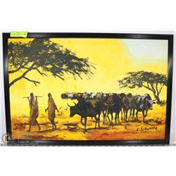 HAND PAINTED OIL ON CANVAS W/ CATTLE BY C.KISWANTA