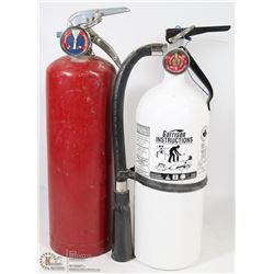 2 FIRE EXTINGUISHERS, 1 RED AND 1 WHITE.